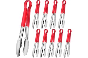Worldity 10 Pack 9 in Kitchen Tongs, Heat Resistant Stainless Steel Serving Tongs with Non-Slip Handle, Red Serving Tong for 