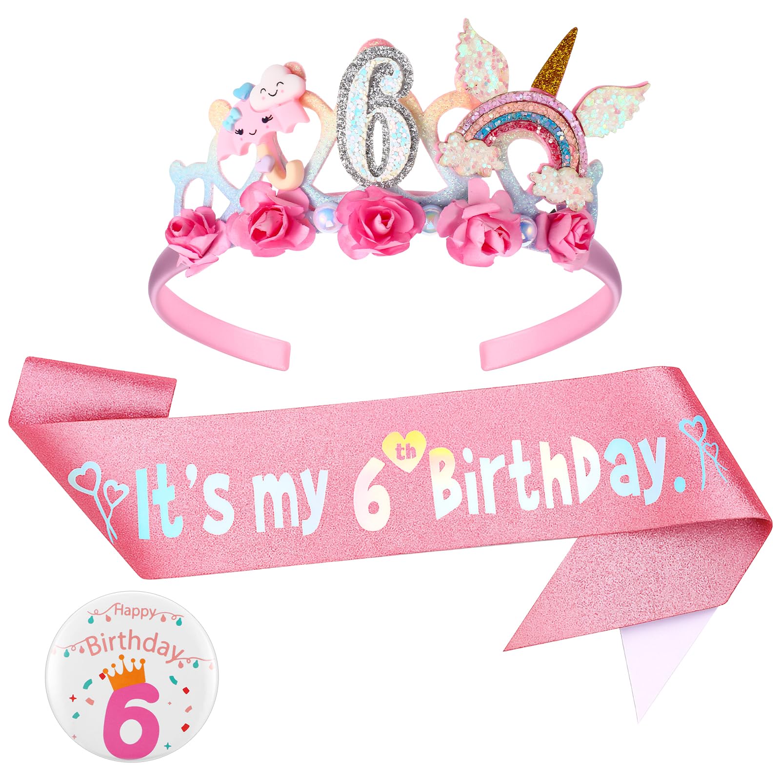 Birthday Girl Headband, 6th Floral Birthday Crown Glitter Sash and Badge Set for Birth Day Decorations Girls,Princess Crown Hats Girl Headband for Kids Princess Party Glitter Hair Band Decorations