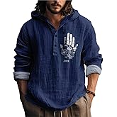 MARSVOVO Mens Hooded Shirt Vintage Retro 3 Button Long Sleeve Light Hoodie Fashion Casual Daily Tops for Spring Fall