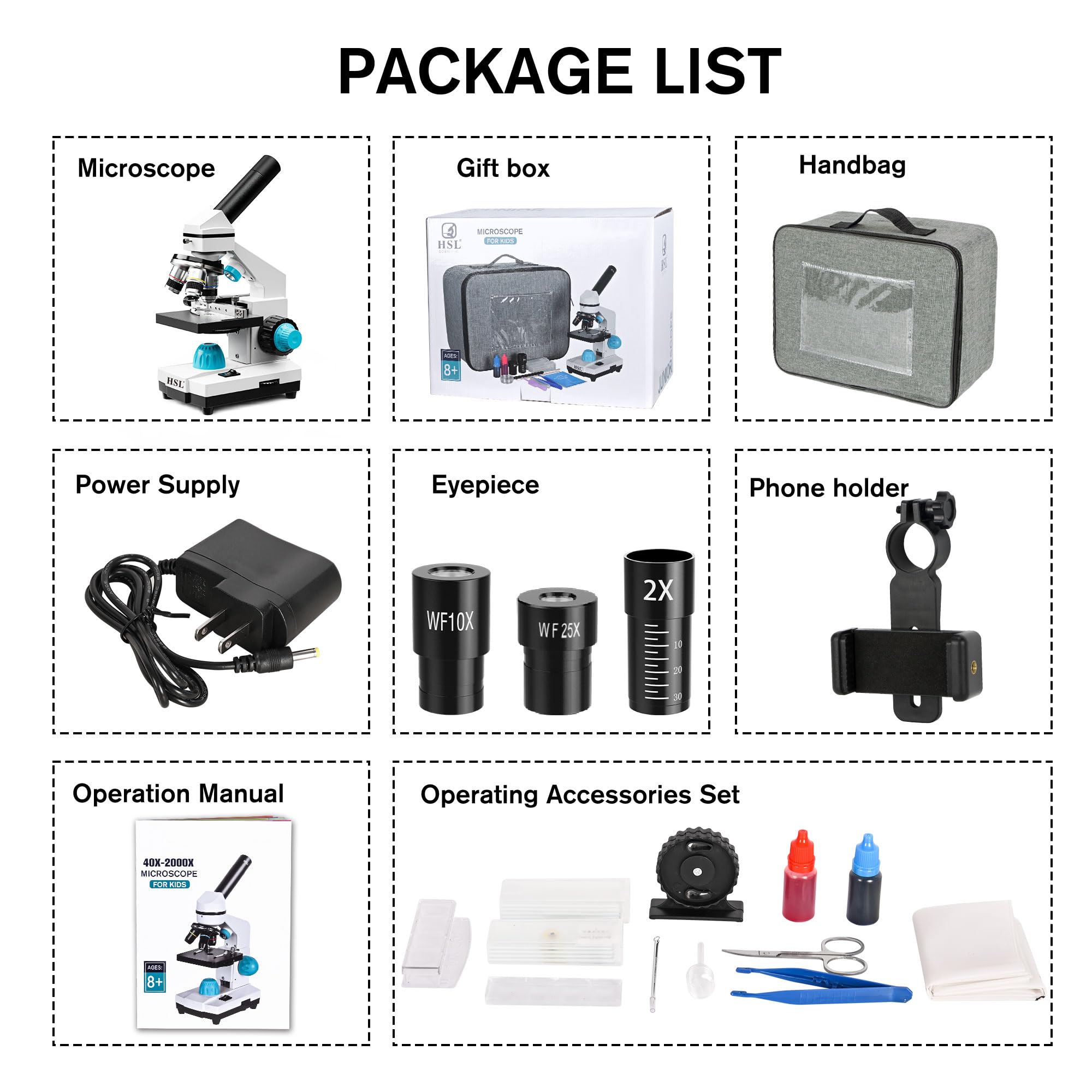 HSL 40X-2000X Microscope for Kids,Monocular Compound Microscope Kit for Students Adults,Dual LED Powerful Biological Microscopes Set for Laboratory School Education Science Beginner 1000x 2000x