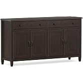 SIMPLIHOME Connaught 67" Sideboard Cabinet in Dark Chestnut Brown | Traditional 4-door dining room buffet with 2 drawers and adjustable shelves for organized kitchen or living room storage.
