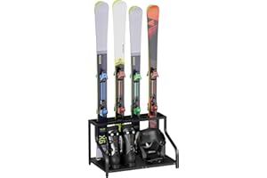 Mondazie Ski Storage Rack for Garage — Freestanding Ski Holder for 4 Pair Skis, Boot, Helmet, Goggles, Indoor Snowboard Rack Organizer Stand for Home, Shed, Basement, Black