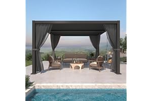 GS CHIER 10' ×13' Outdoor Louvered Pergola, Aluminum Outdoor Louvered Pergola Patio with Adjustable Roof for Outdoor Deck (Black with Curtain)