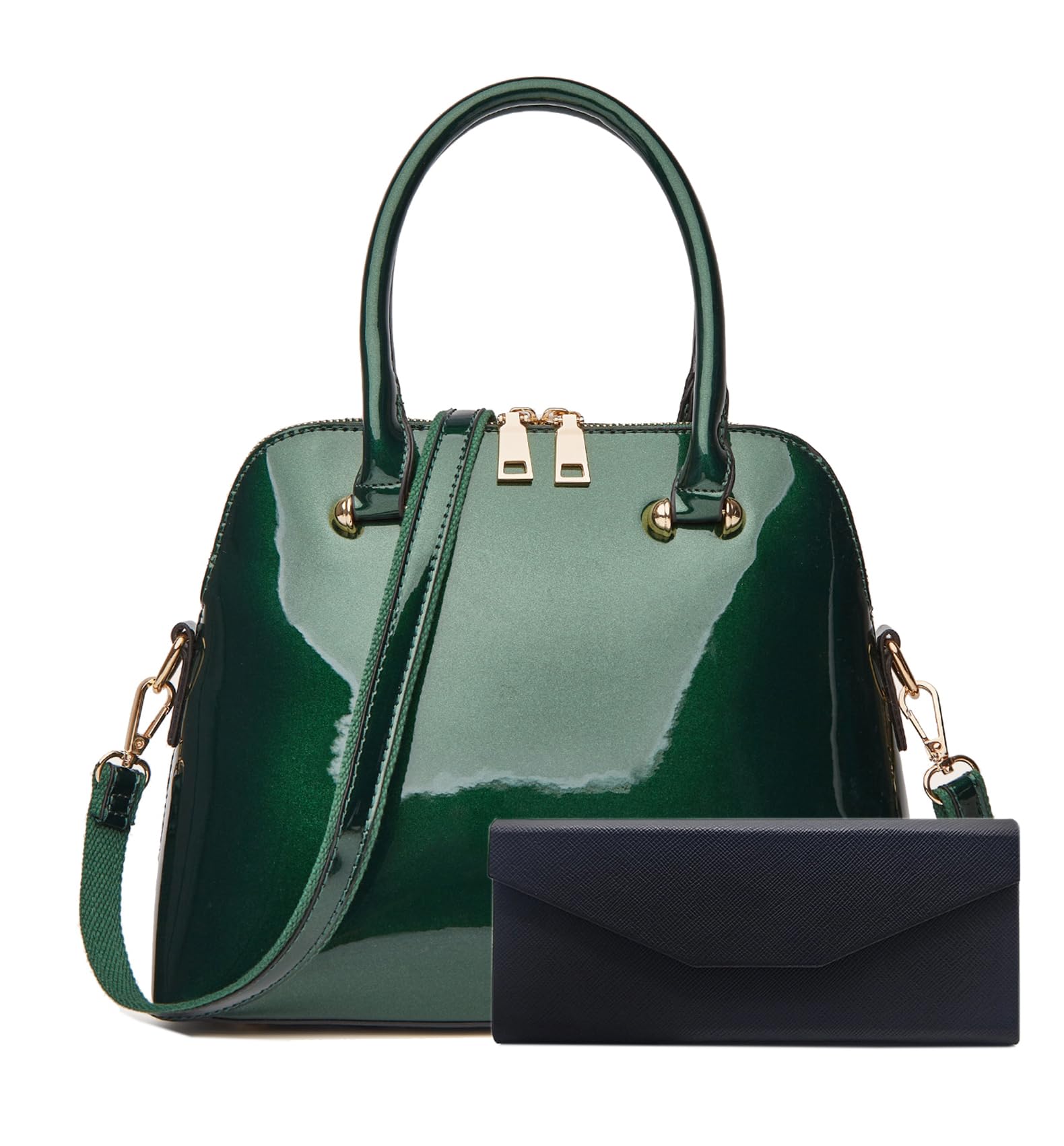 Photo 1 of Patent Leather Dome Satchel Purse Zip-around Handbag Multi-Pocket Shoulder Bag Shiny Large Top-handle Shell Bag (Green +Glasses Case)