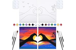 VOCHIC Sip and Paint Kit,Pre Drawn Canvas Couples Paint Party Kit Painting Art Set for Adults Date Night Sunset Heart 2 Pack (8 x 10 Inches)