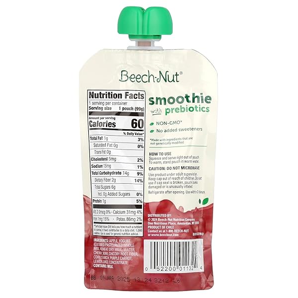 BEECH-NUT SMOOTHIE WITH PREBIOTICS, APPLE CHERRY KIWI PURPLE CARROT & YOGURT, 3.5OZ POUCH