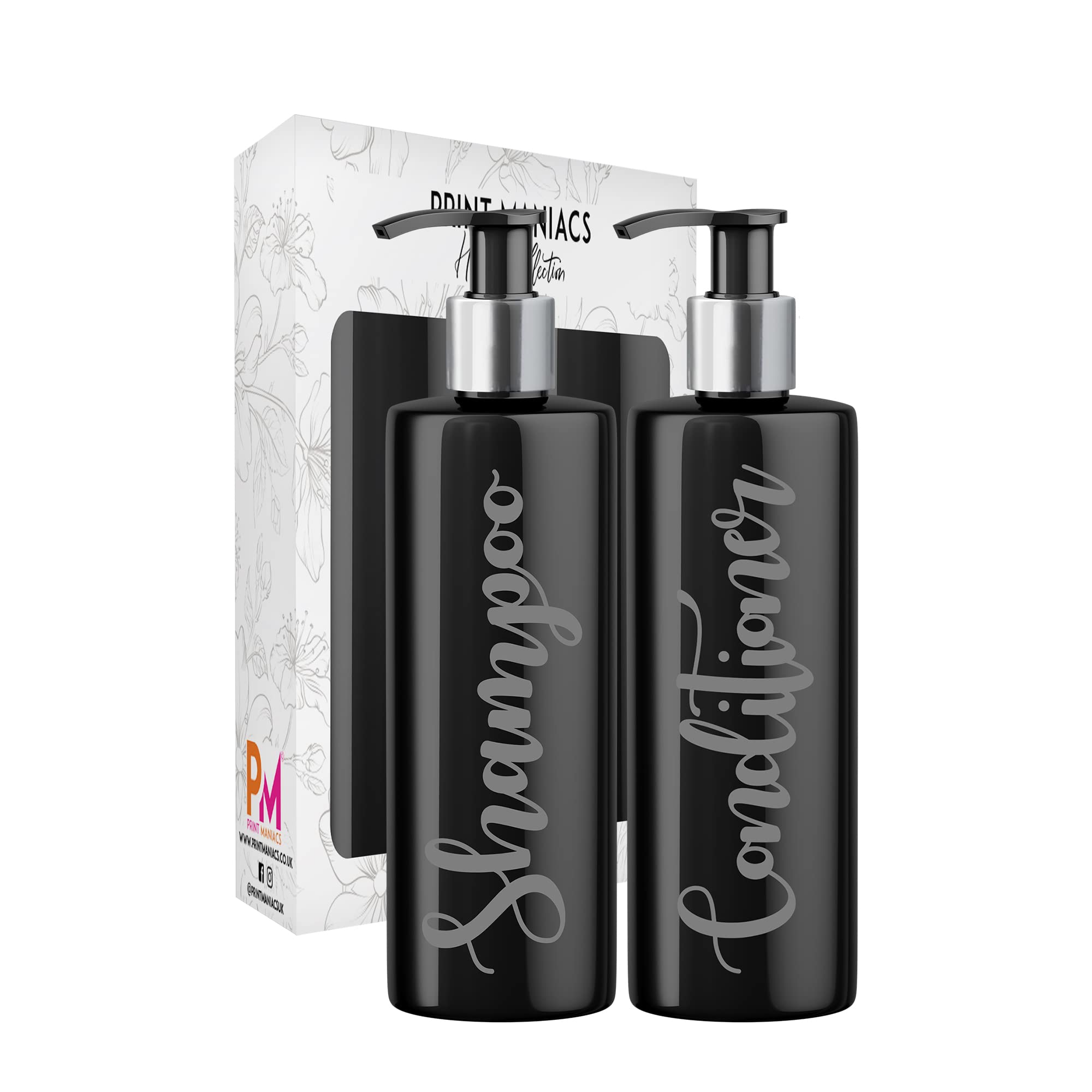 Print Maniacs 2 Set Mrs Hinch Inspired Black Personalised Dispenser Pump Bottles Shampoo Conditioner (Grey)