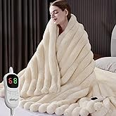 HaloRest Heated Throw Blanket, Faux Fur Cozy Heating Blanket with Overheat Protection, 1/2/4/6/8 Hours Auto-Off 10 Heat Level, Machine Washable (50x60 Inches, Cream White)