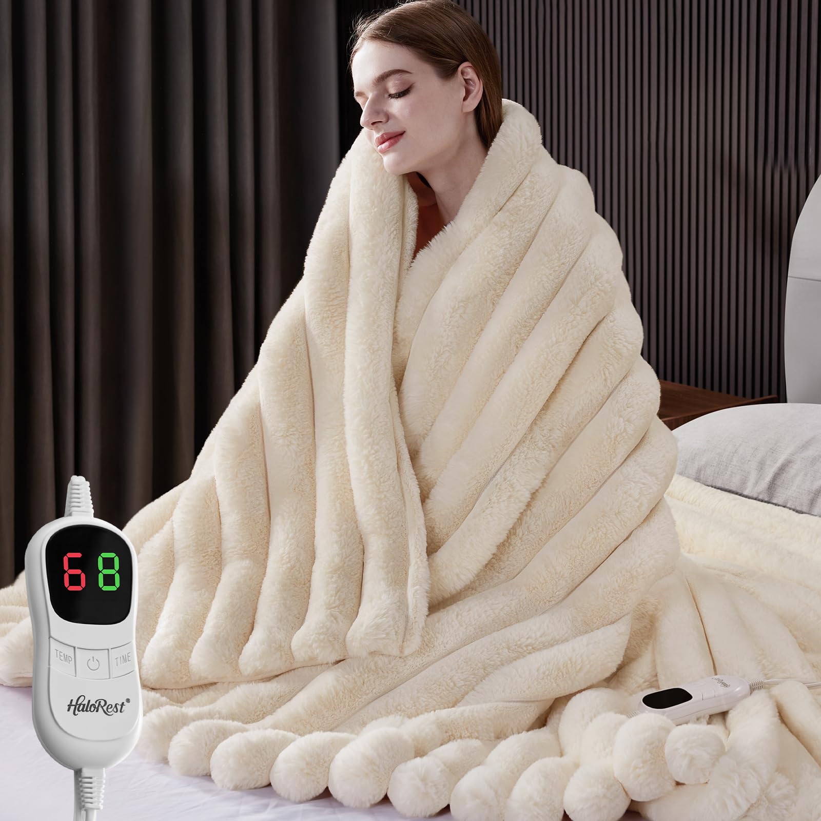 Photo 1 of HaloRest Heated Throw Blanket, Faux Fur Cozy Heating Blanket with Overheat Protection, 1/2/4/6/8 Hours Auto-Off 10 Heat Level, Machine Washable (50x60 Inches, Cream White)