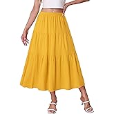 Kingfancy Women's Boho Midi Skirt A-Line Ruffle Elastic High Waist Tiered Flowy Skirts