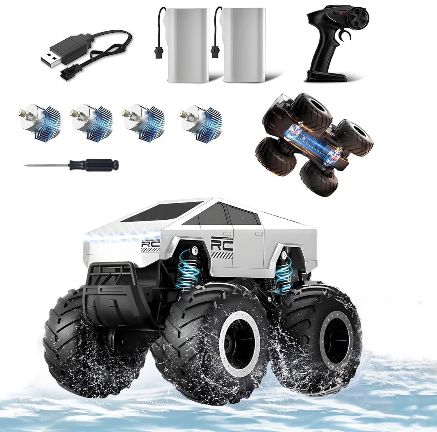 Photo 1 of (PARTIAL SET) 9Powvan Cyber Electric Truck Waterproof Remote Control Car Off-Road Diving Amphibious 4WD RC Car with 4 Wheel Suspension All Terrain 360 Rotating Monster Truck 2.4GHz 1/14 Vehicles Boys Girls Age 8+