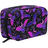MNSRUU Small Cosmetic Bag for Girl Women Travel, Purple Bat Gothic Makeup Toiletry Organizer Bags with Compartments