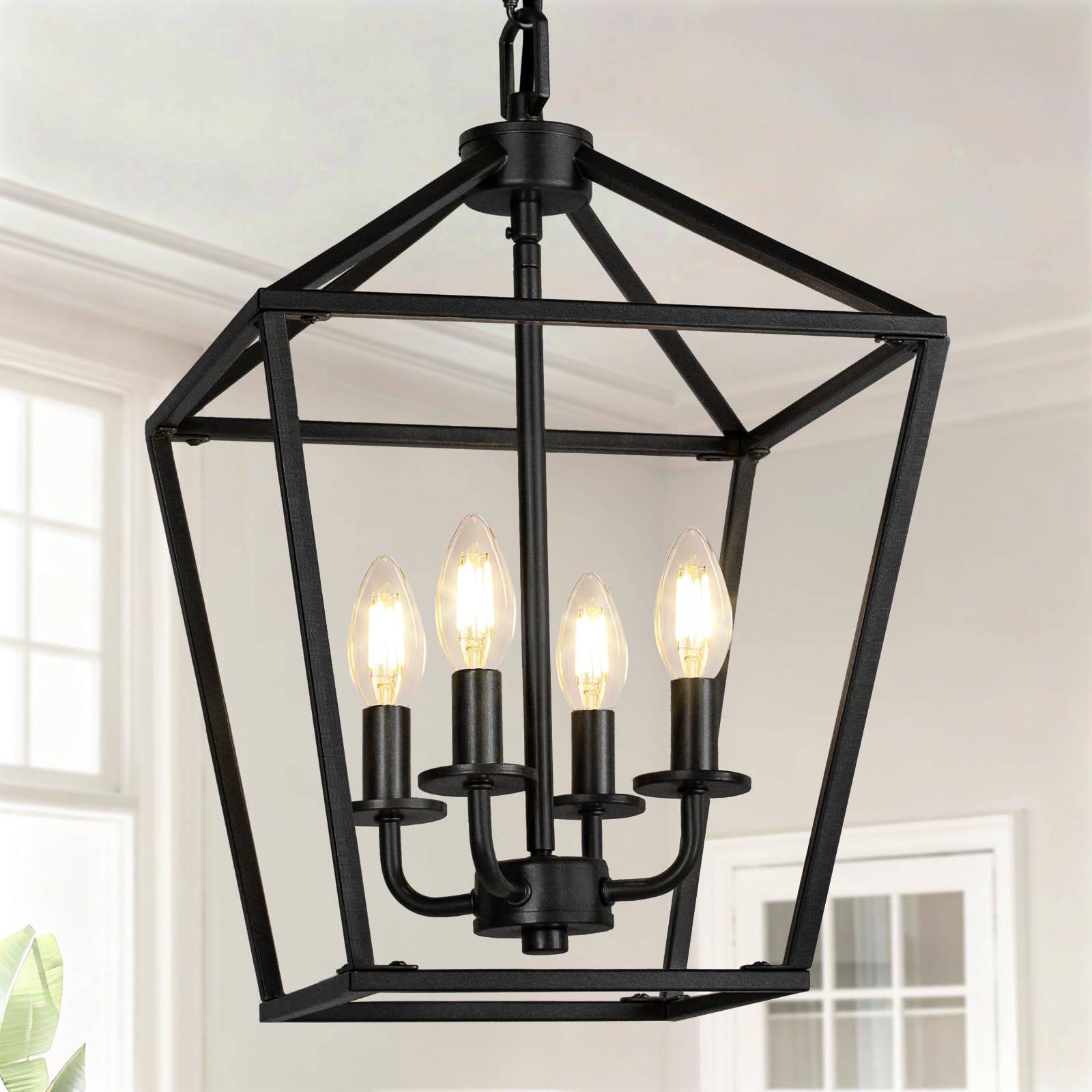 Photo 1 of 4 Light Chandelier, Industrial Ceiling Light Black Lantern Light Fixtures with Farmhouse Metal Cage Adjustable Height Rustic Geometric Hanging Light E12 Base for Kitchen Island, Entryway, Indoor