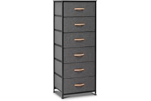 Pellebant Dresser for Bedroom with 6 Drawers, Tall Dresser Vertical Storage Tower, Sturdy Metal Frame, Fabric Storage Bins with Wooden Handle and Wooden Top, Organizer Unit for Closet/Hallway, Grey