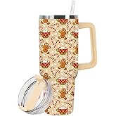 JarThenaAMCS 1 Pcs Christmas Tumbler with Handle Lid Straw 40 Oz Gingerbread Man Candy Cane Stainless Steel Travel Tumbler Cup for Xmas Iced Coffee Party Favor
