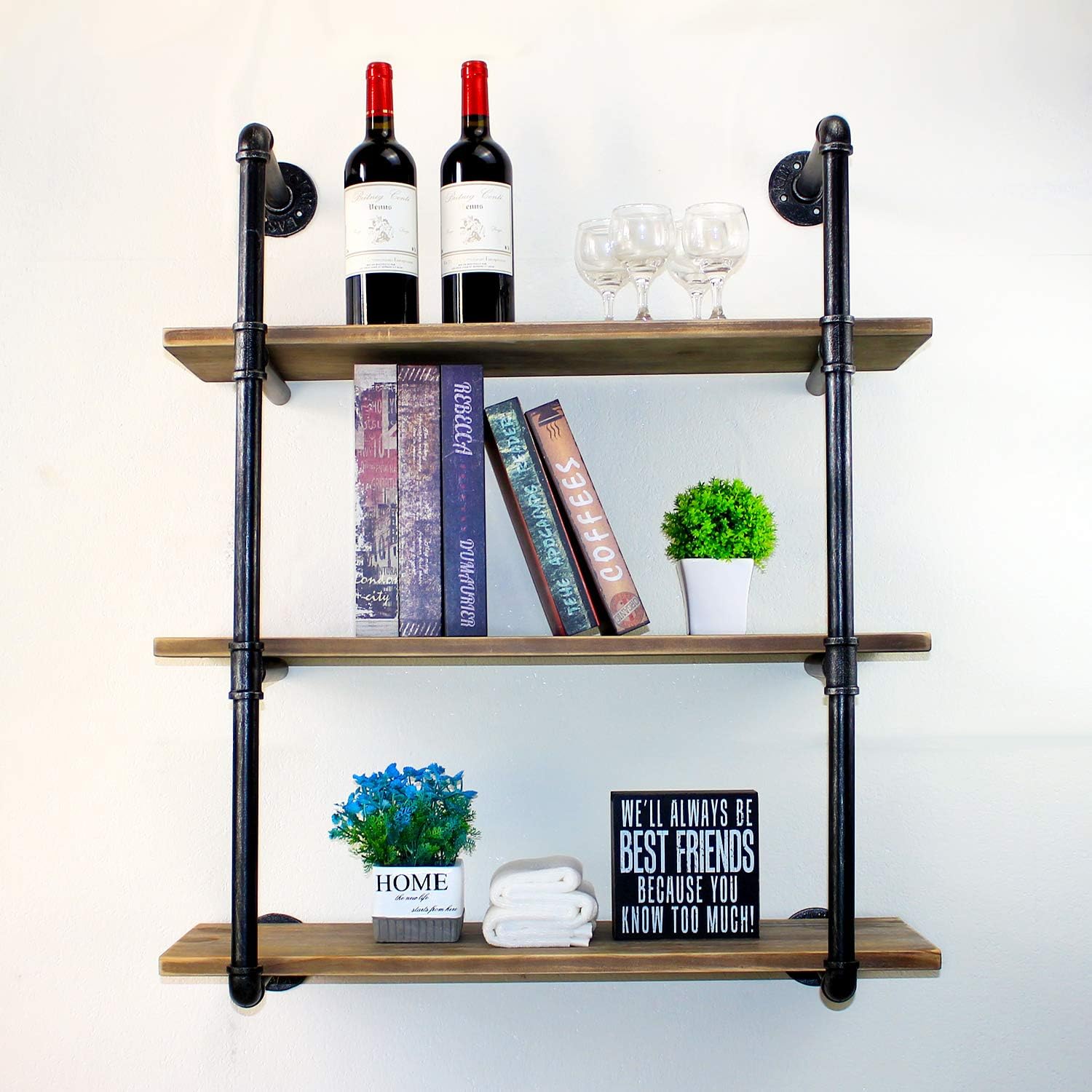 Womio Industrial Pipe Shelving Wall Mounted,Rustic Metal Floating Shelves,Steampunk Real Wood Book Shelves,Wall Shelf Unit Bookshelf Hanging Wall Shelves,Farmhouse Kitchen Bar Shelving(3 Tier,30in)