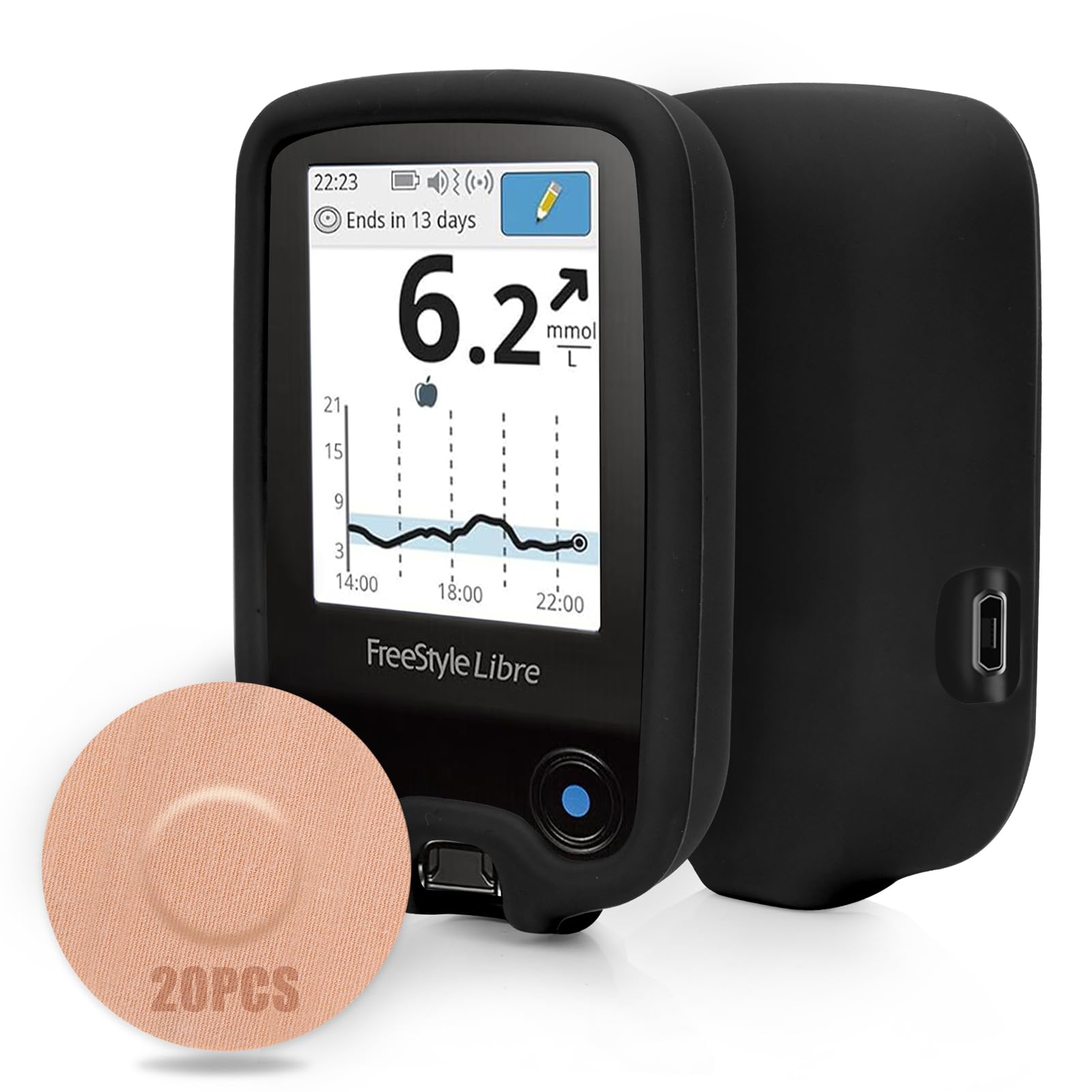 YOUSHARES Silicone Case for Freestyle Libre 2 Reader with 20 Packs Sensor Cover Waterproof, Anti-drop Scratches Protective Cover (Black)