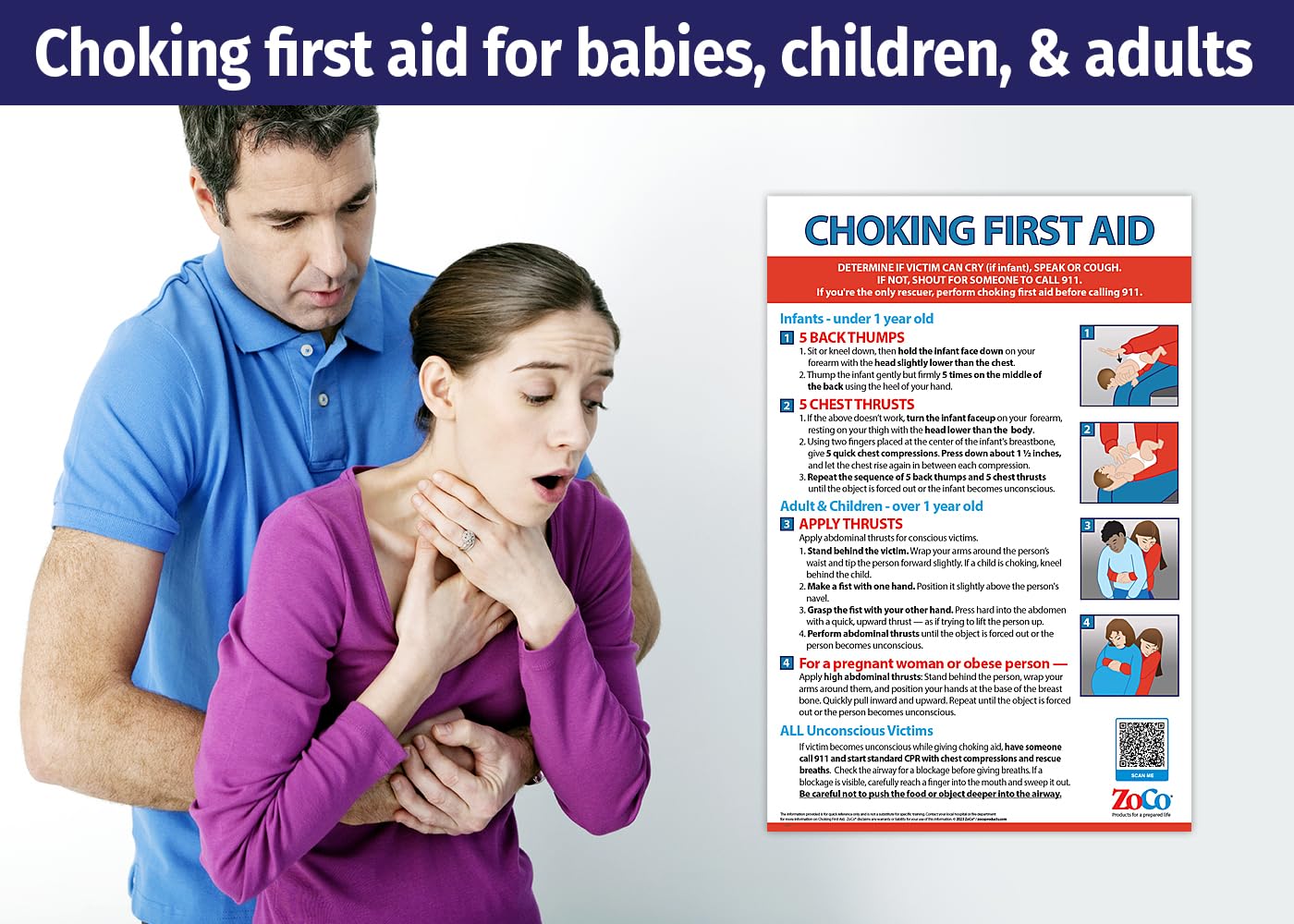 Choking Poster for Infant, Child, Adult - Laminated, 12 x 18 inches - Heimlich Maneuver Poster for Restaurants, Workplace, School Nurse Office - First Aid for Choking