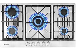Weceleh Gas Cooktop 34 Inch, Built-in Gas Stove Top with 5 Sealed Burners Stovetop, Dual Fuel NG/LPG Gas Cooktop Convertible, Stainless Steel Continuous Grates Gas Range, Thermocouple Protection, 120V
