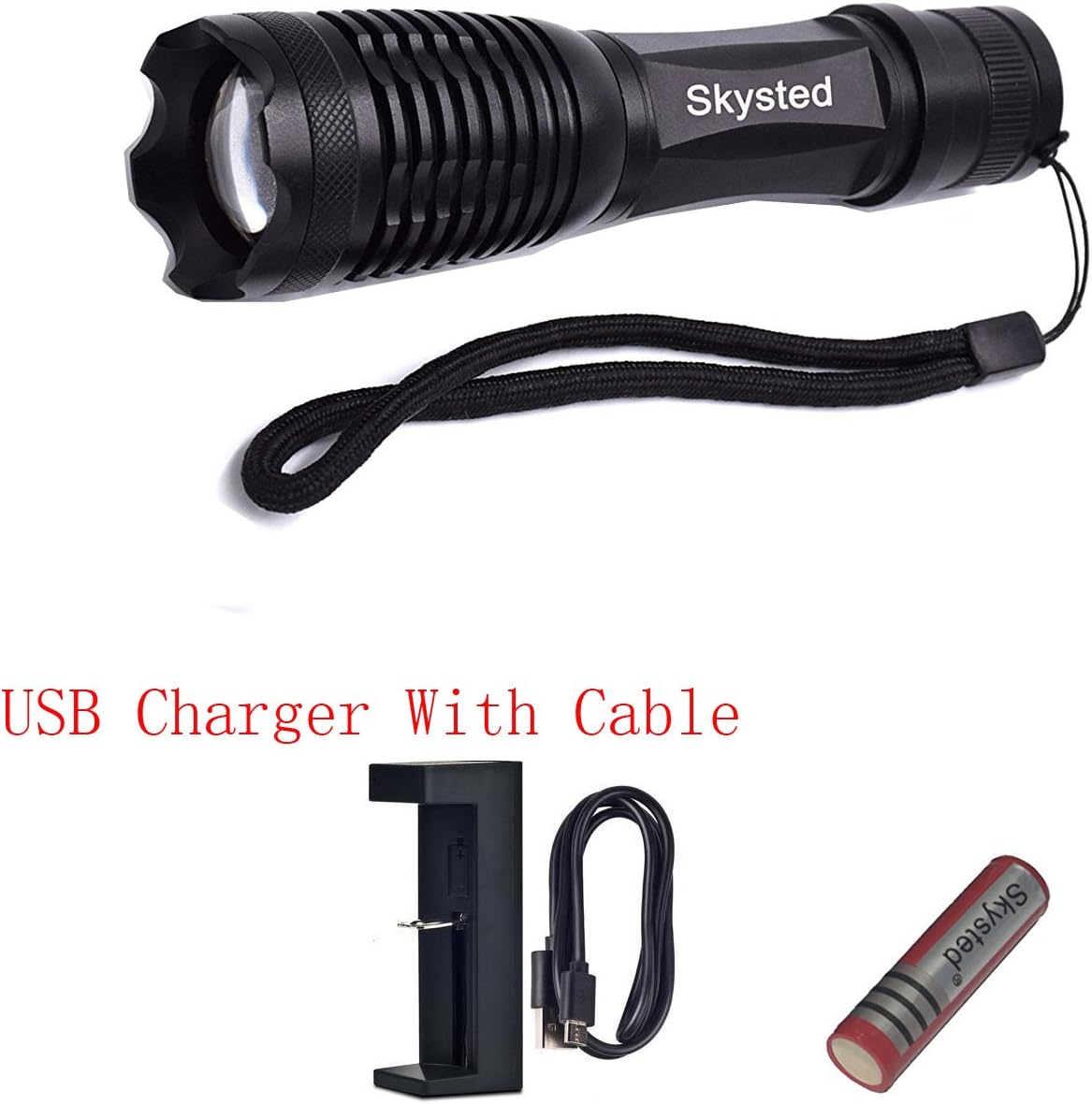 Skysted E6 The Brightest 1200 Lumen Single Mode Zoomable Cree XM-L2 U2 U3 Bulb Handheld Tactical LED Flashlight Kit,Rechargeable Lithium 18650 Battery and USB Charger