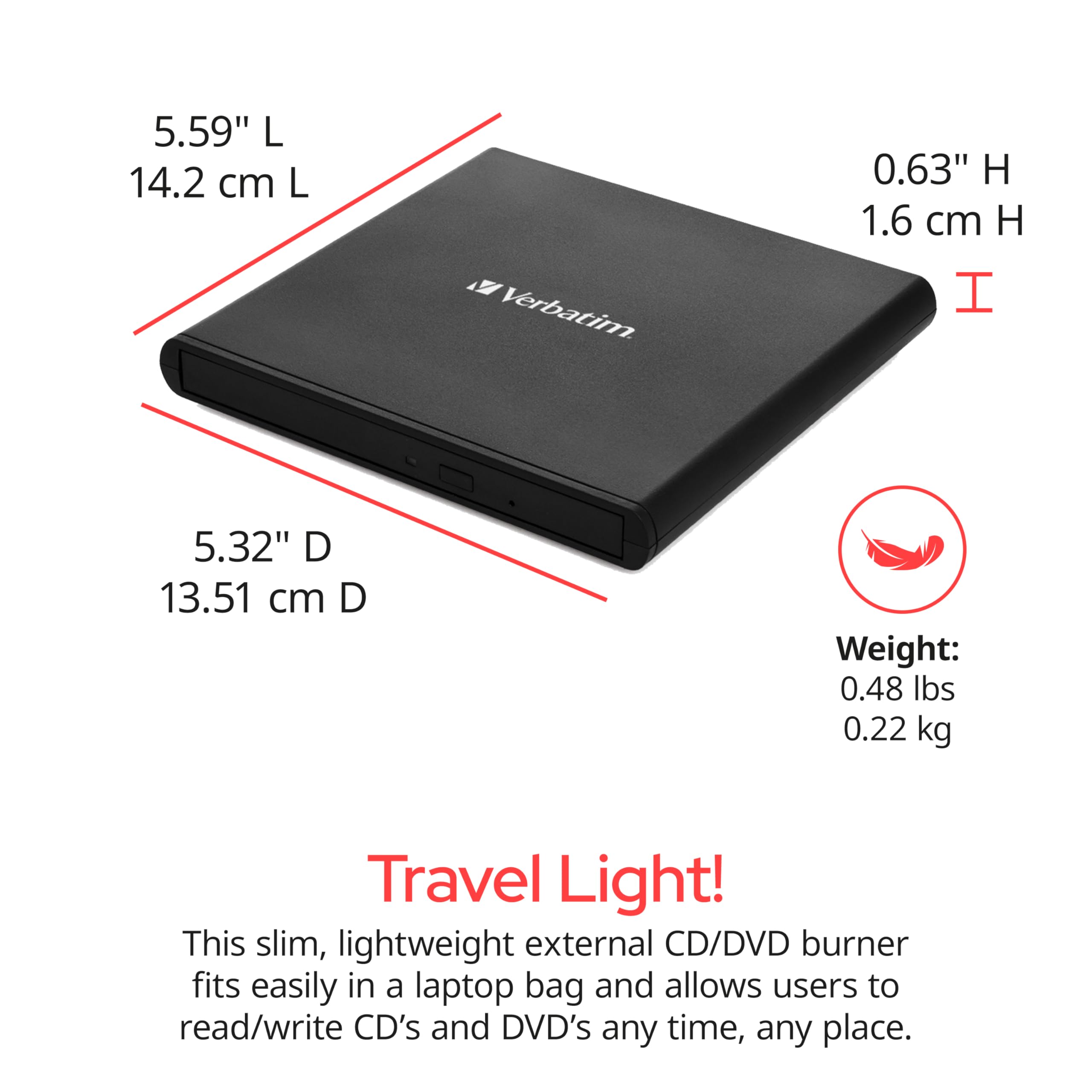 Verbatim Slimline CD / DVD Drive - External USB 2.0 CD DVD +/-RW Burner for Laptops and Notebooks with M-DISC Support - Mac & PC Compatible - Nero Burn & Archive Software Included - Black