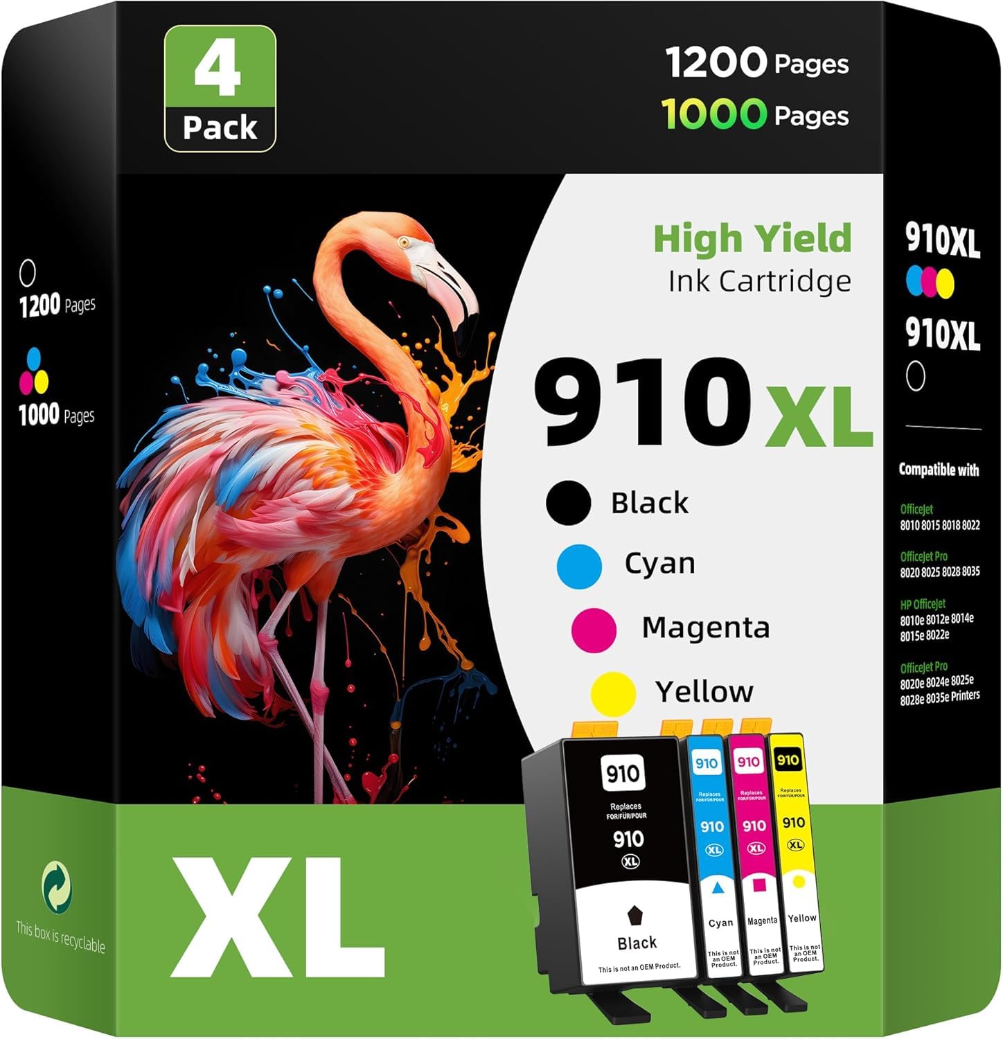 Photo 1 of 4-Pack Compatible Ink Cartridge Replacement for HP 910XL 910 XL (Black XL & C/M/Y XL) to use with Officejet Pro 8025 8020 8028 8035 8023 Officejet 8022 8010 8015, Black, Magenta, Yellow, Cyan