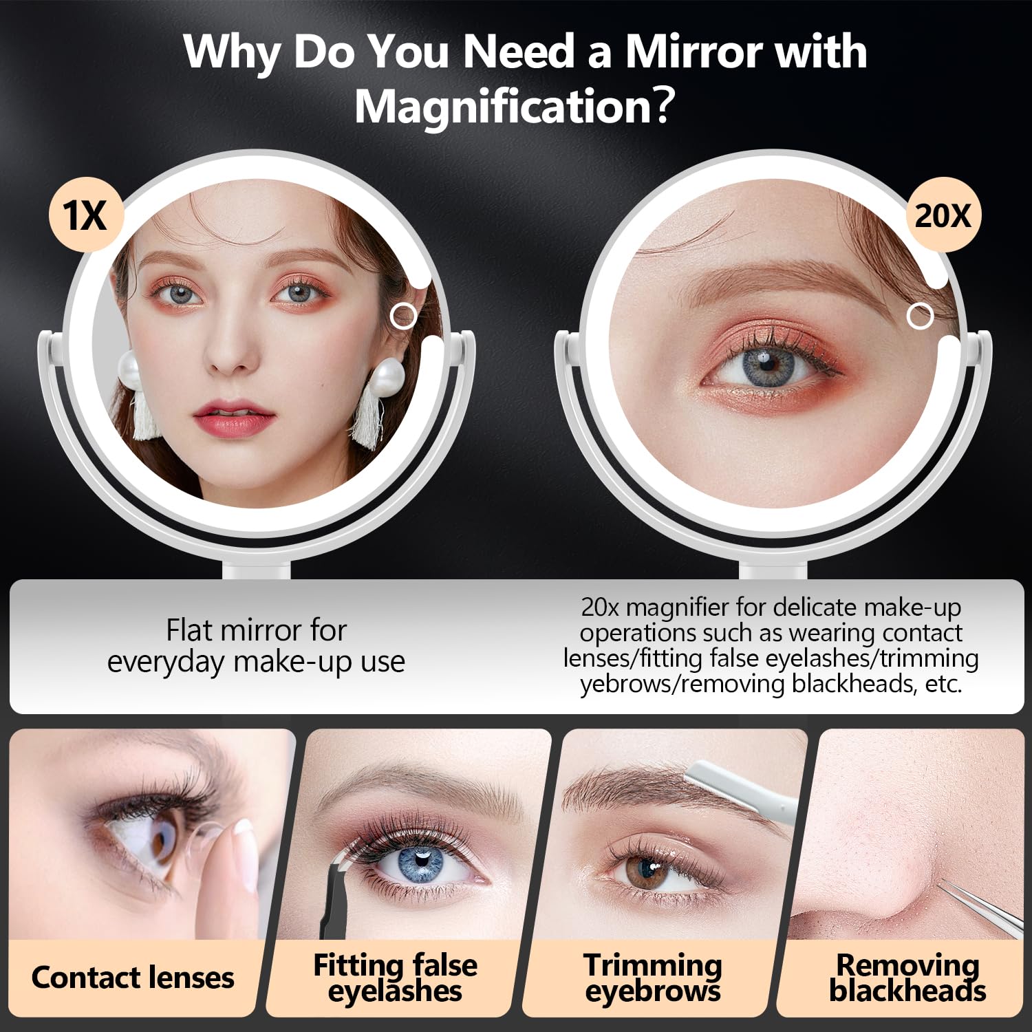 Makeup Mirror with Lights,20X Magnifying Mirror with Light and Touch Switch,Vanity Mirror with 3 Color Light and 80 LEDs,2-Sided Lighted Magnified Mirror 8.8 Inches