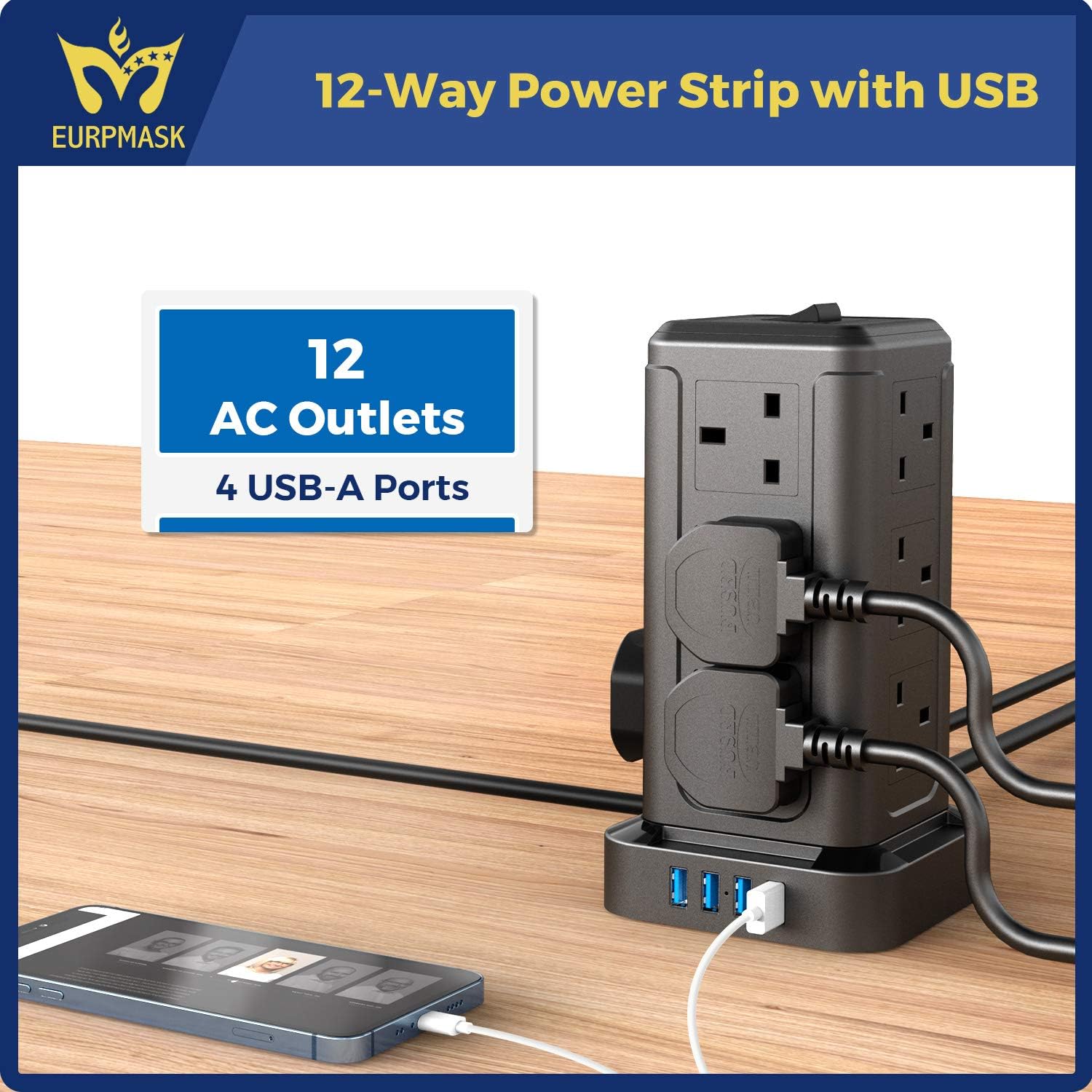 Extension Lead Tower, 12 Way Outlets Tower Power Strip Surge Protector