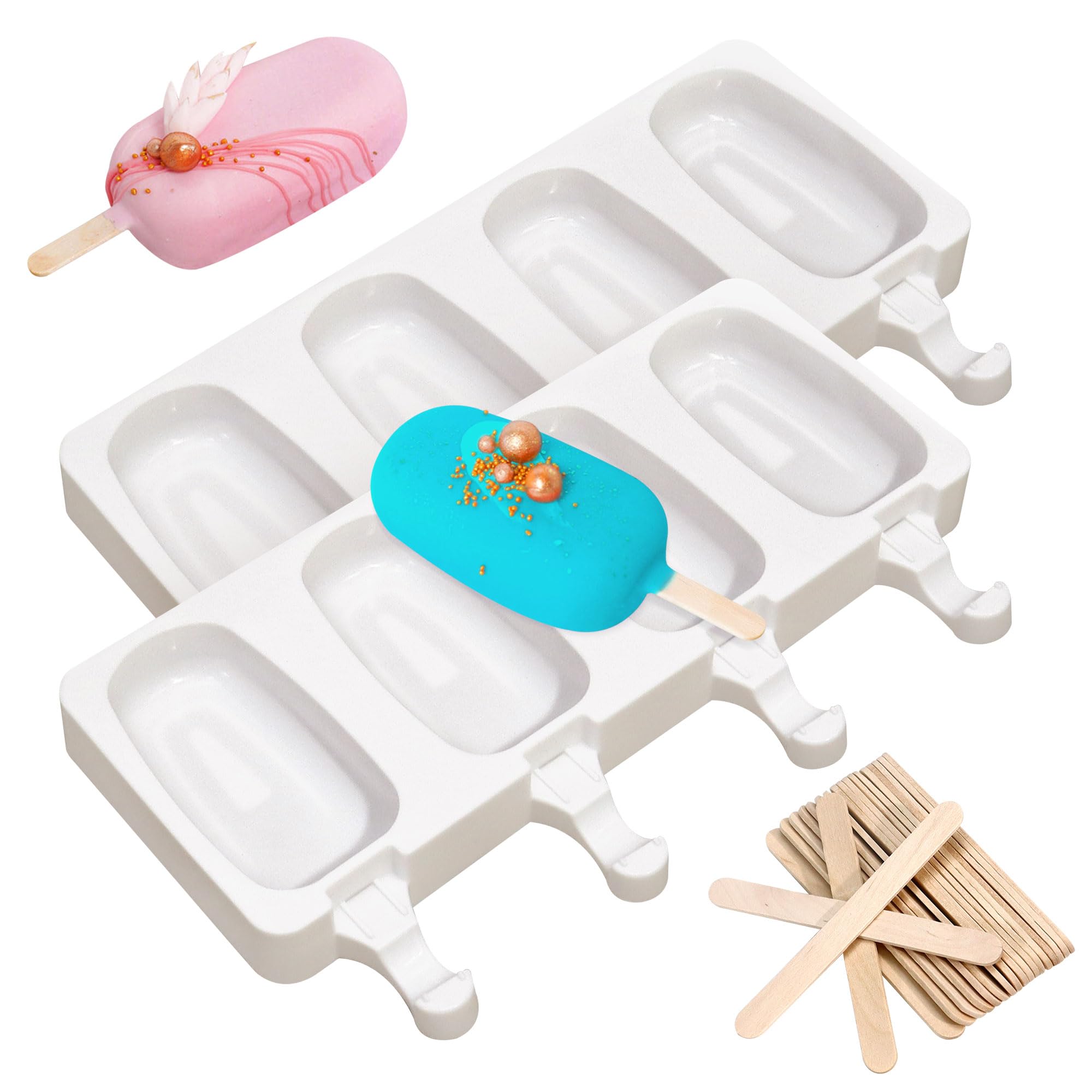 2PCS 4 Cavities Popsicle Mould with 16pcs Wooden Sticks, Silicone Ice Lolly Moulds, Ice Cream Moulds Homemade Popsicle Ice Pop Maker BPA Free Ice Pop Moulds for Kids Summer DIY Ice Cream