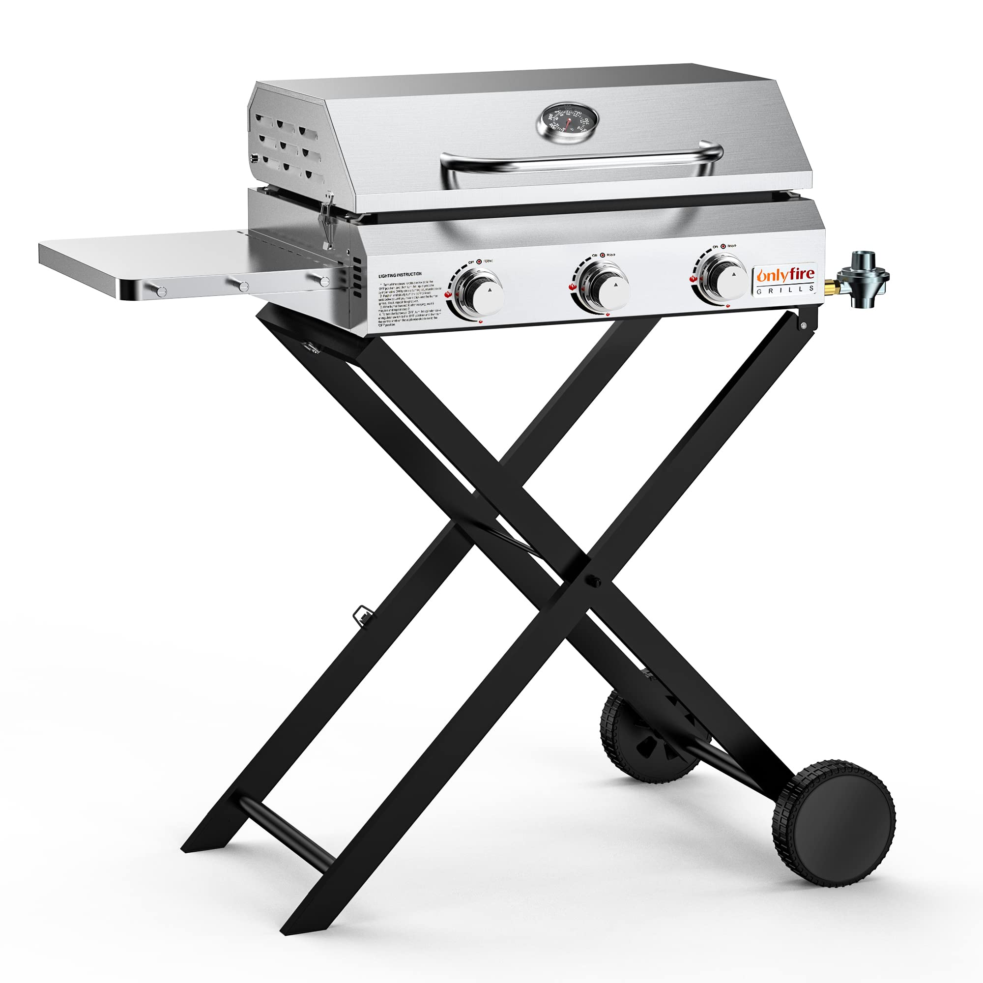 Photo 1 of Onlyfire Portable Gas Griddle 3-Burner with Foldable Cart & Side Table, Stainless Steel Flat Top Gas Grill Griddle Stove with Lid, for Outdoor Cooking Patio Backyard Camping RV Tailgating, GS310