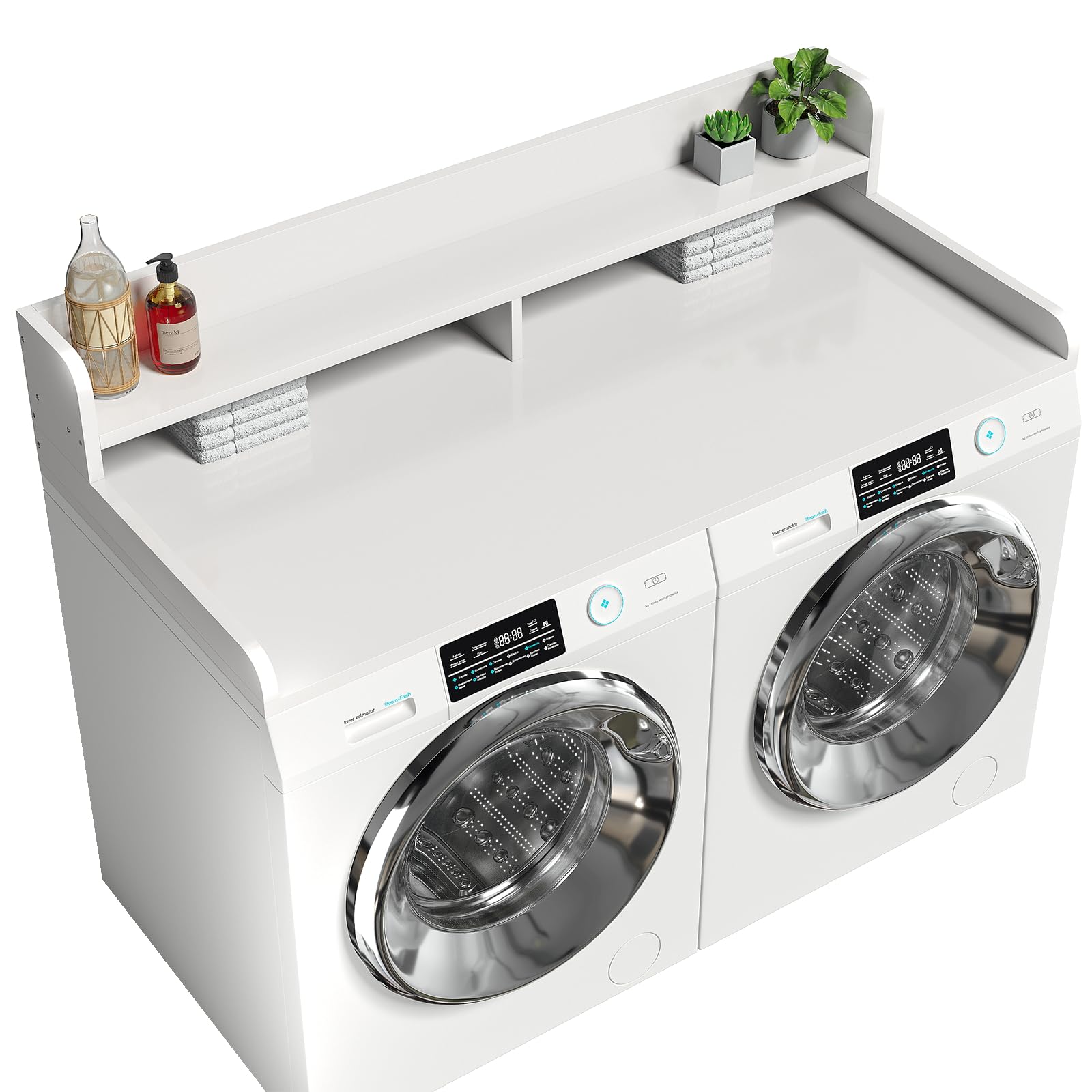 Photo 1 of Corbyles 2-Tier Washer Dryer Countertop with 2.75" H Edge Rails, 58" W x 28" D Laundry Countertop for Folding Clothes, Washer and Dryer Topper with Non-Slip Pad (White)