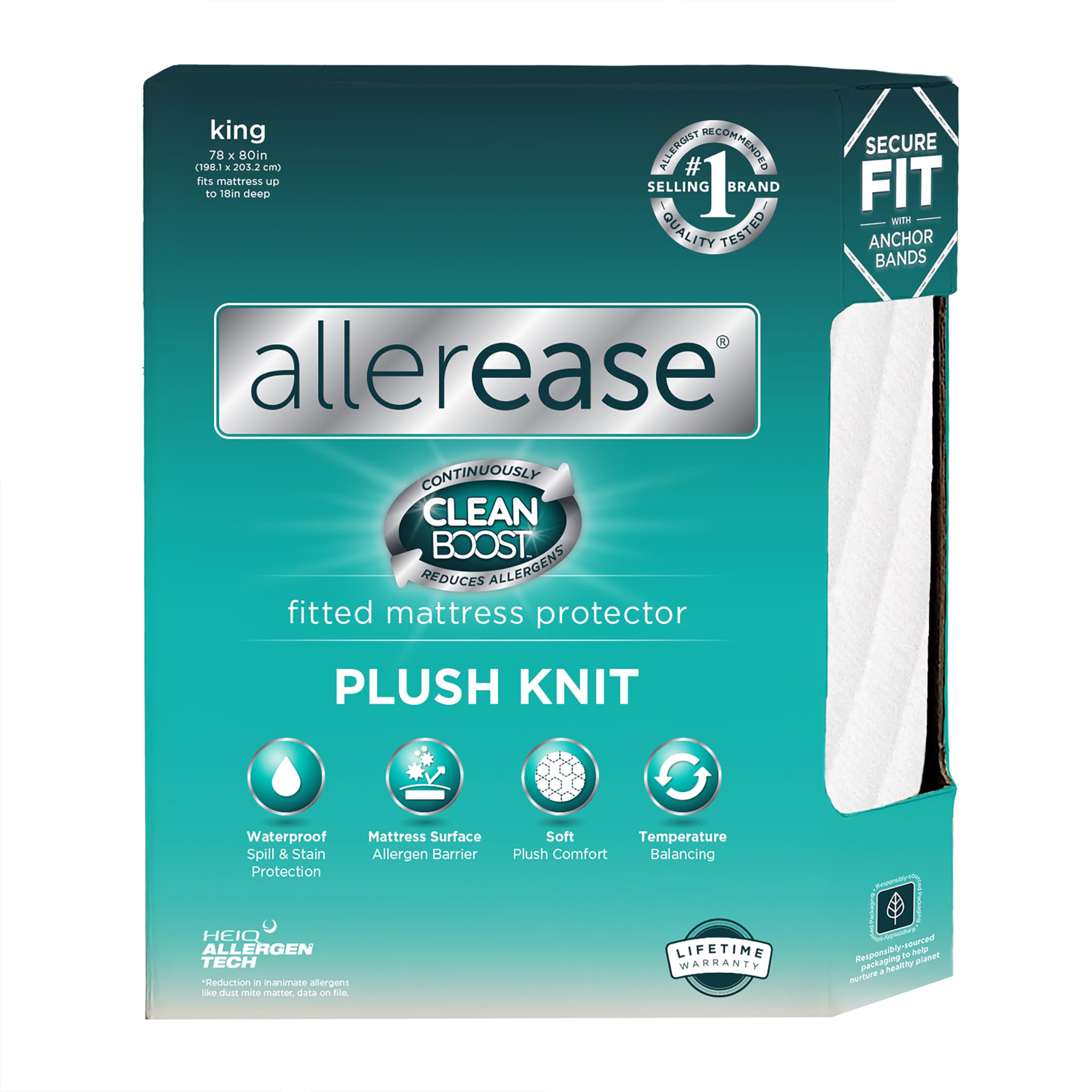 Photo 1 of AllerEase CleanBoost Plush Knit Soft Waterproof Mattress Protector King Size Allergen Barrier Temperature Balancing Machine Washable Mattress Cover with Elastic Anchor Bands Mattress Cover (White)
