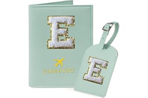 COSHAYSOO Green Passport Cover and Luggage Tag Set TSA Approved with Her Initial Chenille Letter Patch for Big Little Girls Sister Daughter, Hawaii Travel Bag Backpack Suitcase Identifier (E)
