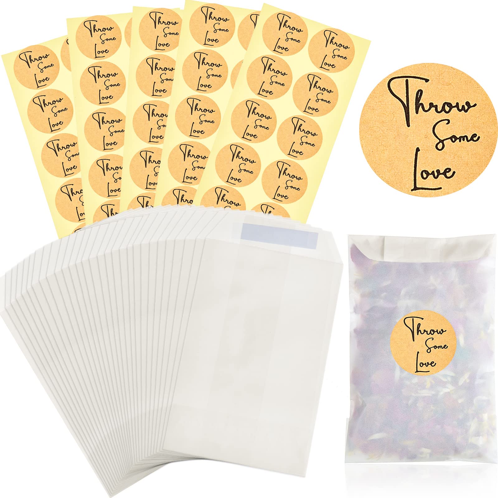 Tenare 50 Sets Wedding Confetti Bags Kit with Flower Petals & Stickers, 105 x 70 mm Paper Glassine Confetti Bags for Bridal Shower Wedding Party Favors(Modern Style)