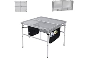 NICE C C Square Folding Height Adjustable Aluminum Table - 23.6"x23.6" White, Mesh Bag, Carry Handle, Ideal for Grill, Camping, Outdoor, Card Games