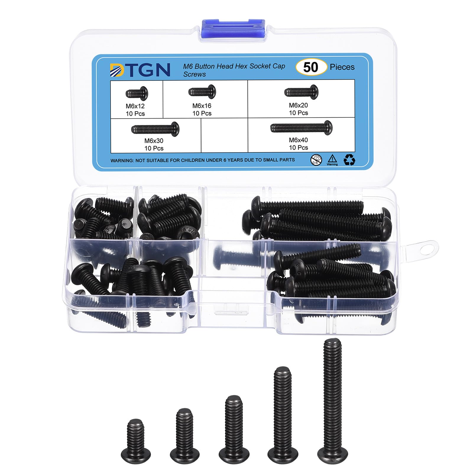 DTGN 50Pcs M6 Button Head Socket Cap Screws Kit - 12/16/20/30/40mm Carbon Steel Black Oxide Full Thread Hex Socket Cap Screw Assortment - Good for Machine, Furniture Repairing