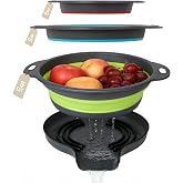 Collapsible Colander Set of 3 with Kitchen Counter Self-draining Base, Round Silicone Food Foldable Strainer for Cooking Pasta, Vegetables and Fruit (3QT, 4QT and 5QT)