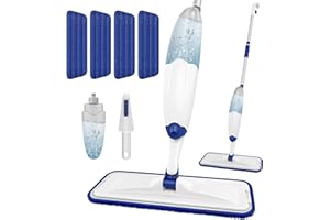 HOMTOYOU Microfiber Flat Mop with Sprayer: Spray Mop with 4 Washable Pads for Cleaning Multi-Surface Floors - 1Pcs 400+ML Refillable Bottle
