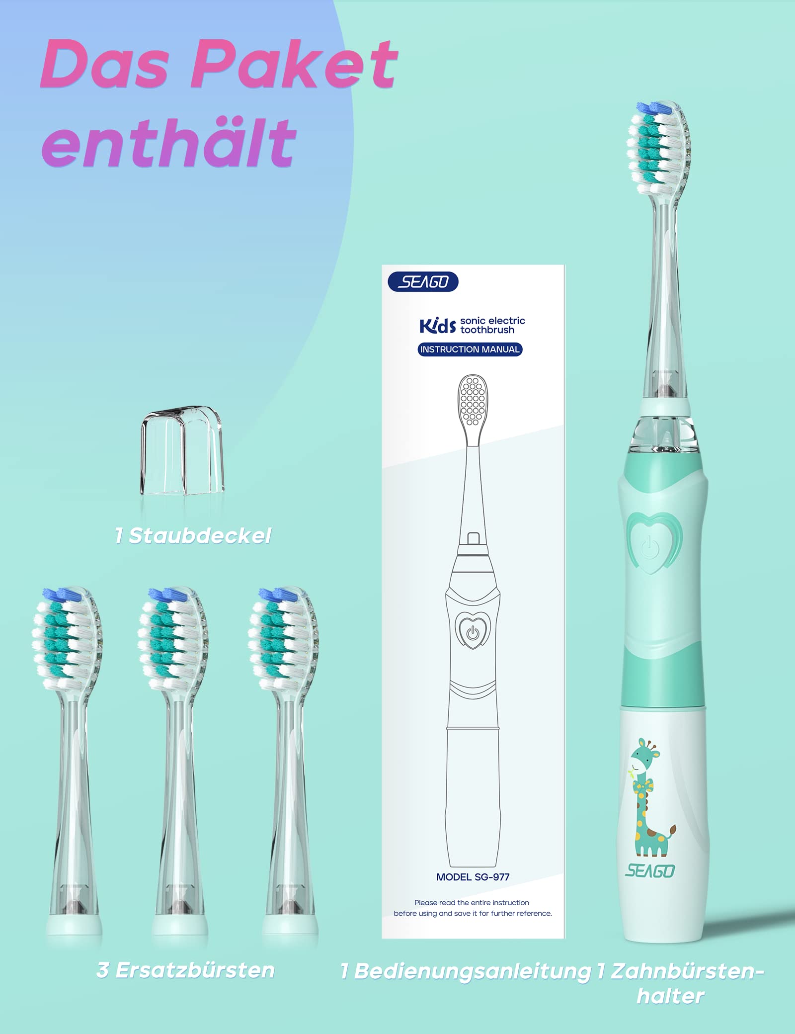 Seago Elektrische Zahnbürste Kinder ab 2, Kinderzahnbürsten mit 4 Extra Weiche Bürstenköpfe und LED Licht, 4 Modi 24000VPM Smart Timer Schallzahnbürste für Kleinkind Mädchen Jungen SG977(Grün) 7