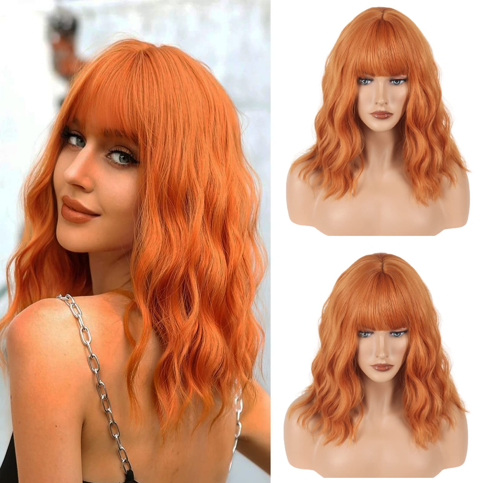 Gairyan Short Ginger Wigs for Women 14 inch Bob Wig with Bangs Natural Curly Wigs Wavy Hair Wig Shoulder Length Heat Resistant Synthetic Colorful Wigs for Cosplay Party Daily Wear