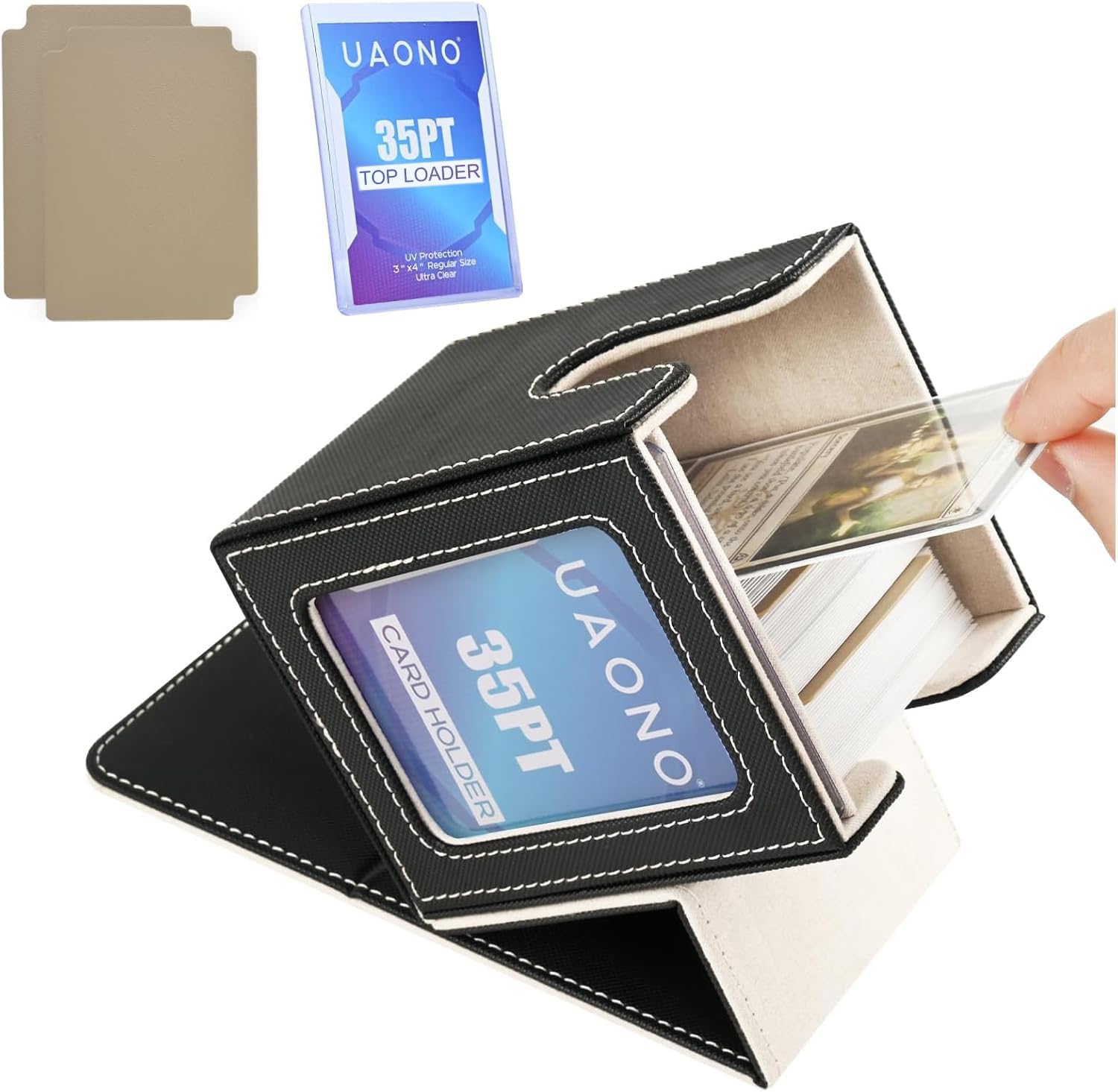 UAONO Card Deck Box with MTG Commander Display, Deck Case Holds 100+ Double-Sleeved Cards, Trading Card Storage Box Fits TCG/PTCG/Sports Card with 2 Dividers, 1 Top Loader (Black, Gold)