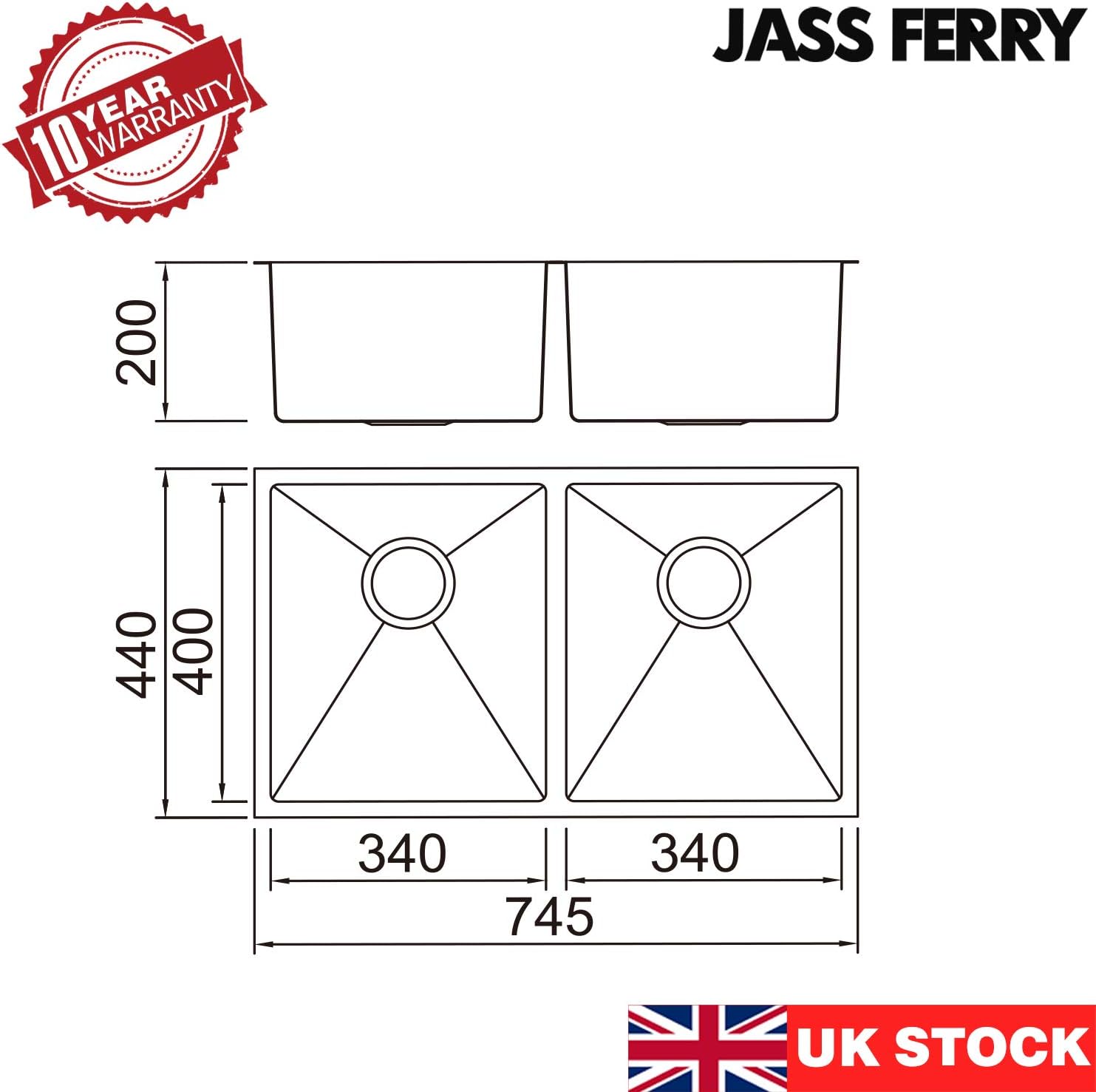 JASSFERRY Kitchen Sink Undermount Handmade Design 1.2mm Thickness Square Stainless Steel Double 2 Bowl with Waste Pipes, 745 X 440 mm - Image 3