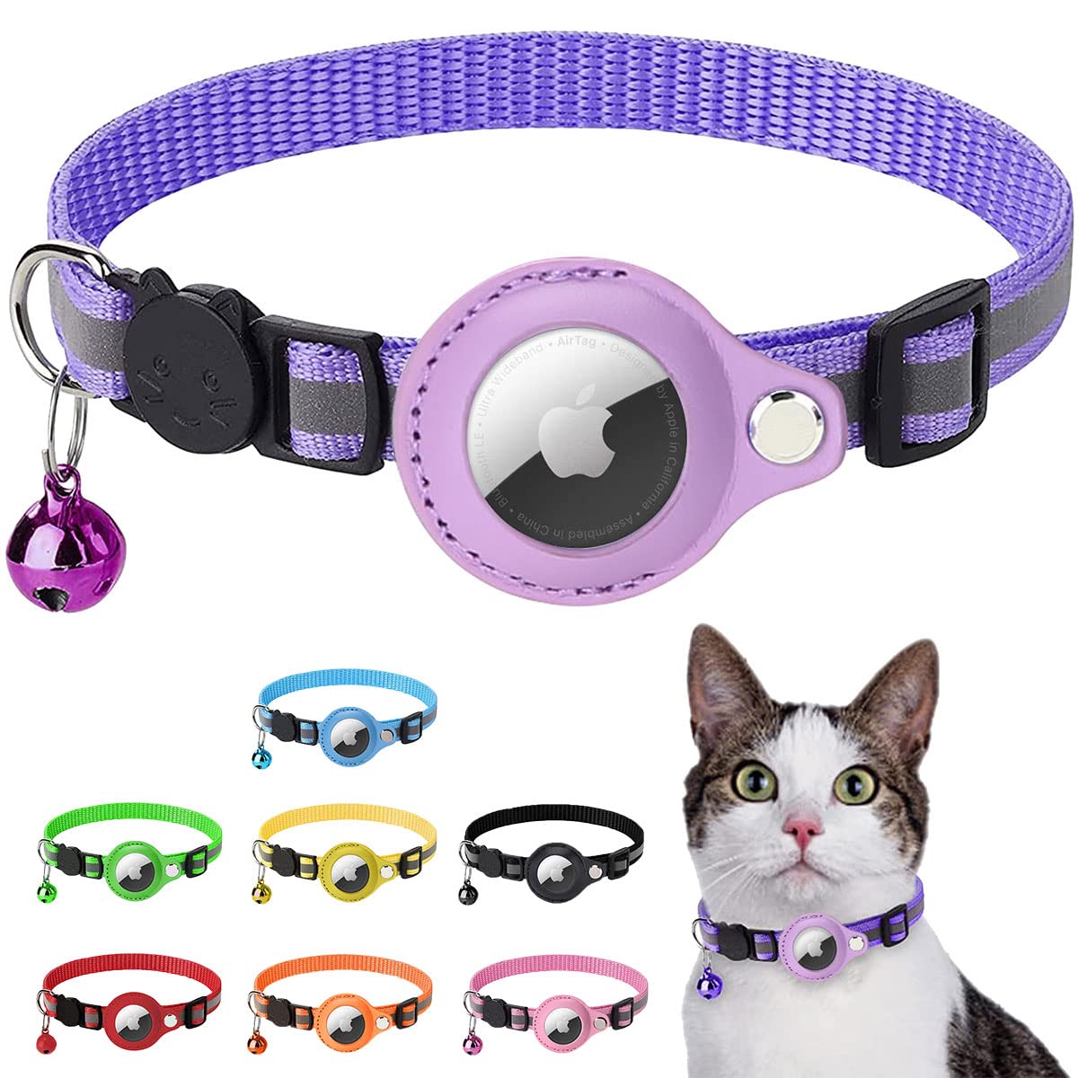 LZXLXS Airtag Cat Collar Reflective Adjustable Cat GPS Tracker Collar with Safety Buckle and Bell, Purple