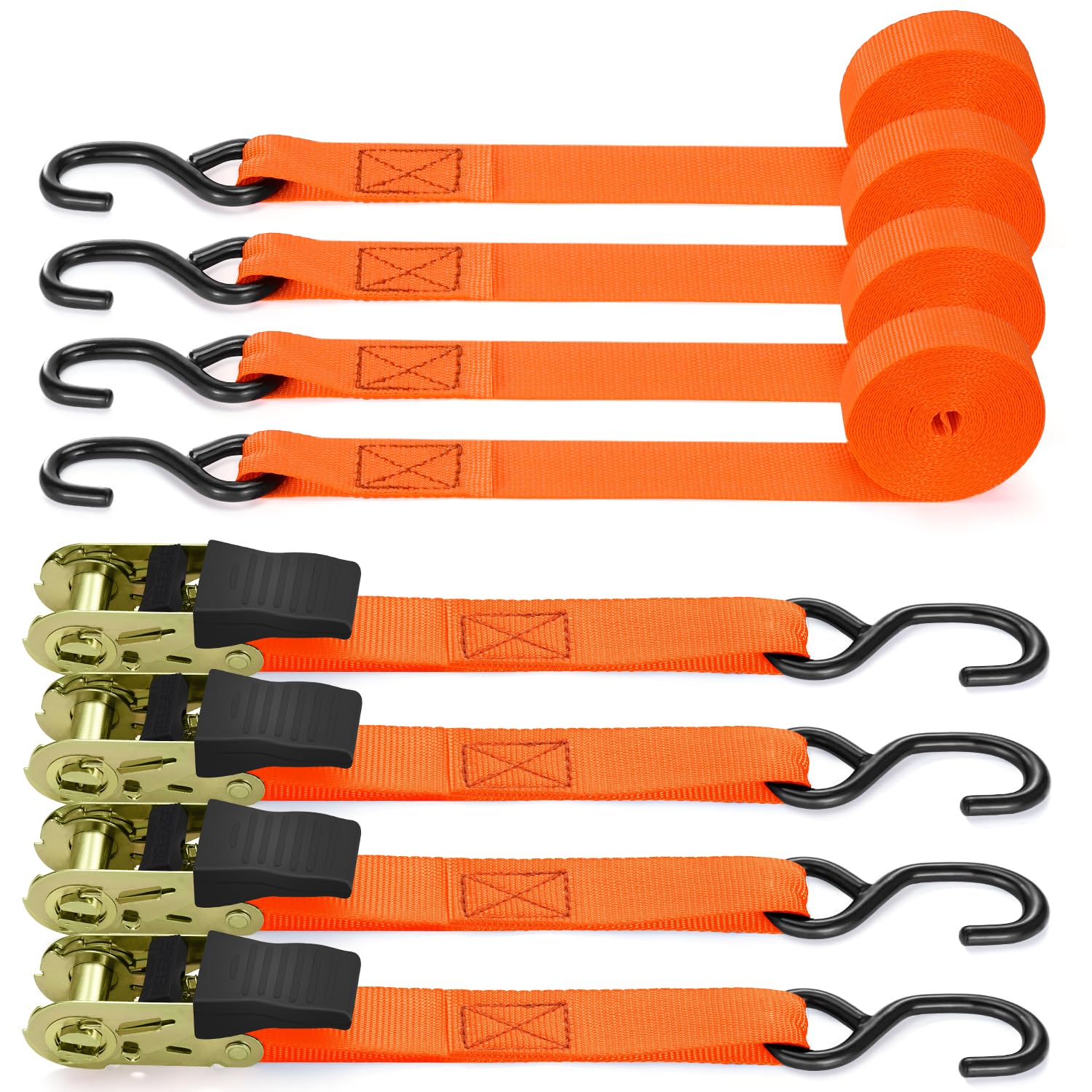Ratchet Straps with Hook 4 Pack, Ohuhu 4.6m x 25mm 680kg Break Strength Heavy Duty Ratchet Tie Down Straps Lashing Straps with S Hook for Motorcycles/Car/Trailer, Orange