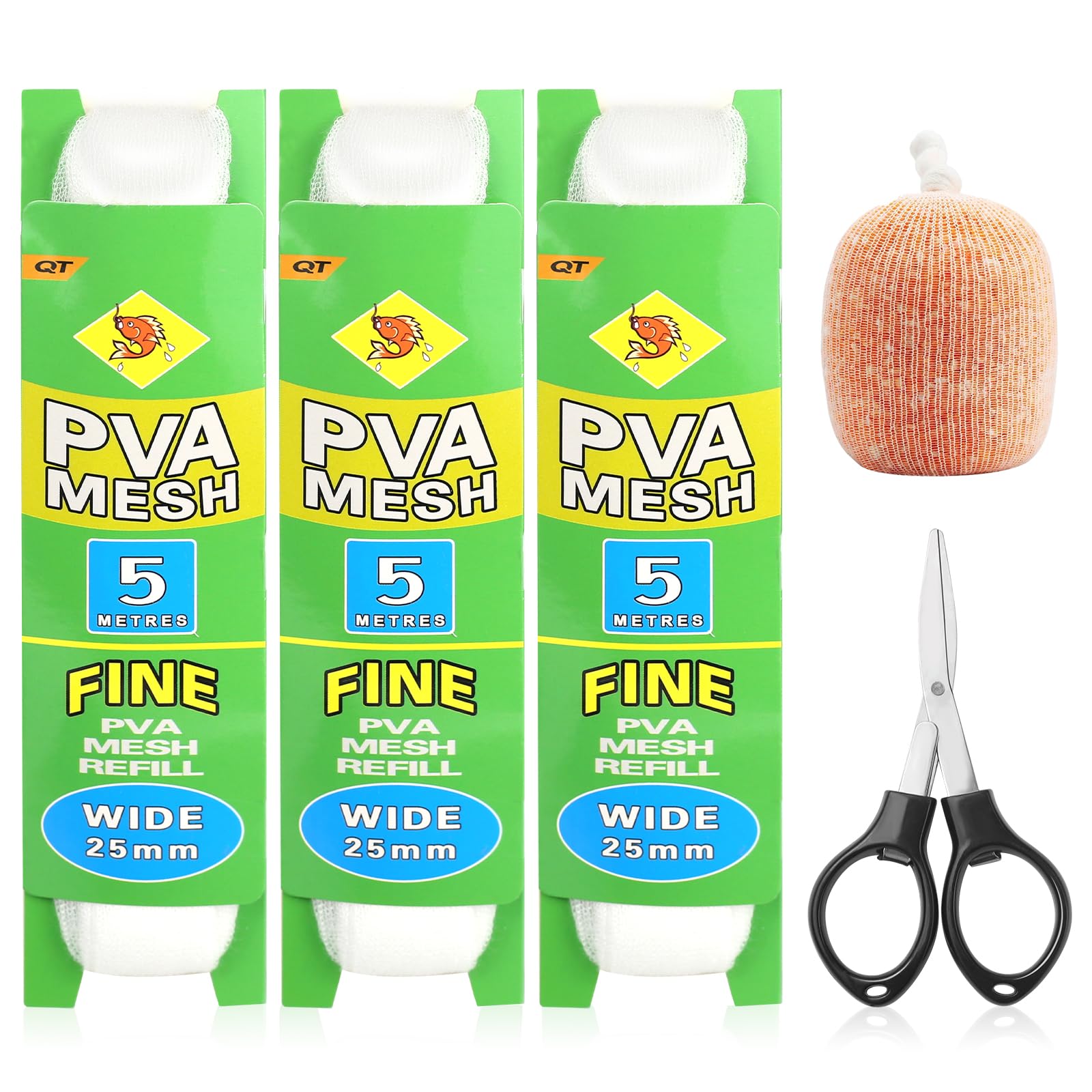 Annyswit 3 Pcs 5m Pva Mesh Refill with Scissors 25 & 37 mm Wide Pva Bags Carp Fishing Accessories Carp Fishing Bags Fast Melt Water Soluble Mesh Bags for Boilie Bait Precise Feeding