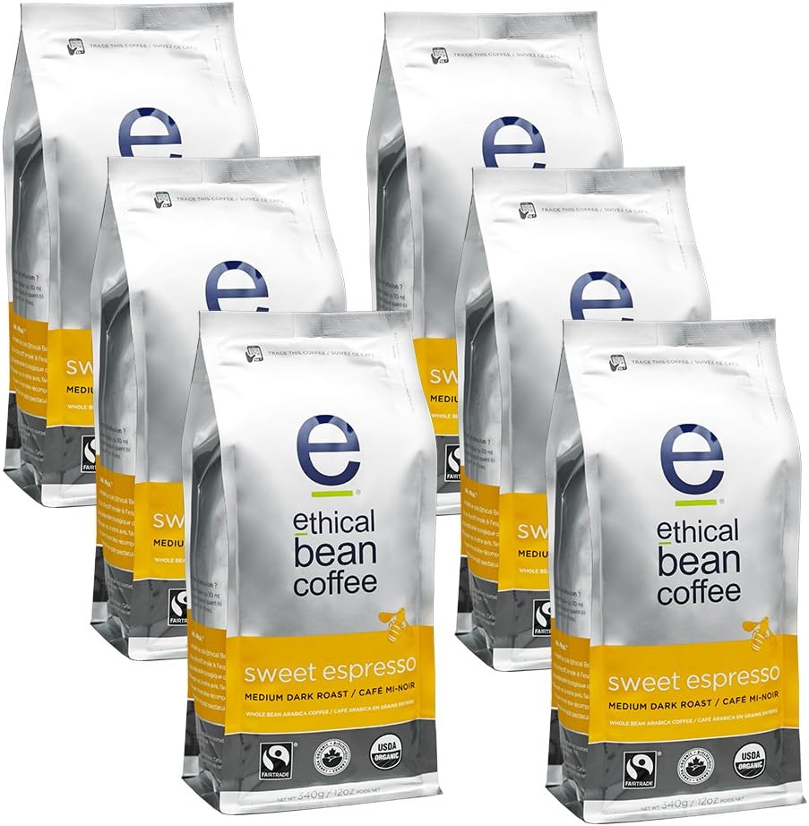 Ethical Bean Coffee Sweet Espresso: Medium Dark Roast Bulk Whole Bean- USDA Certified Organic Coffee, Fair Trade Certified - 12 ounce bag (6 pack)