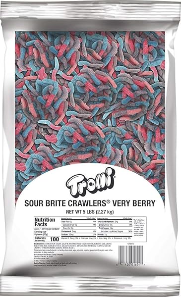 TROLLI SOUR BRITE CRAWLERS, VERY BERRY, SOUR GUMMY WORM CANDY, 5 POUND BULK BAG