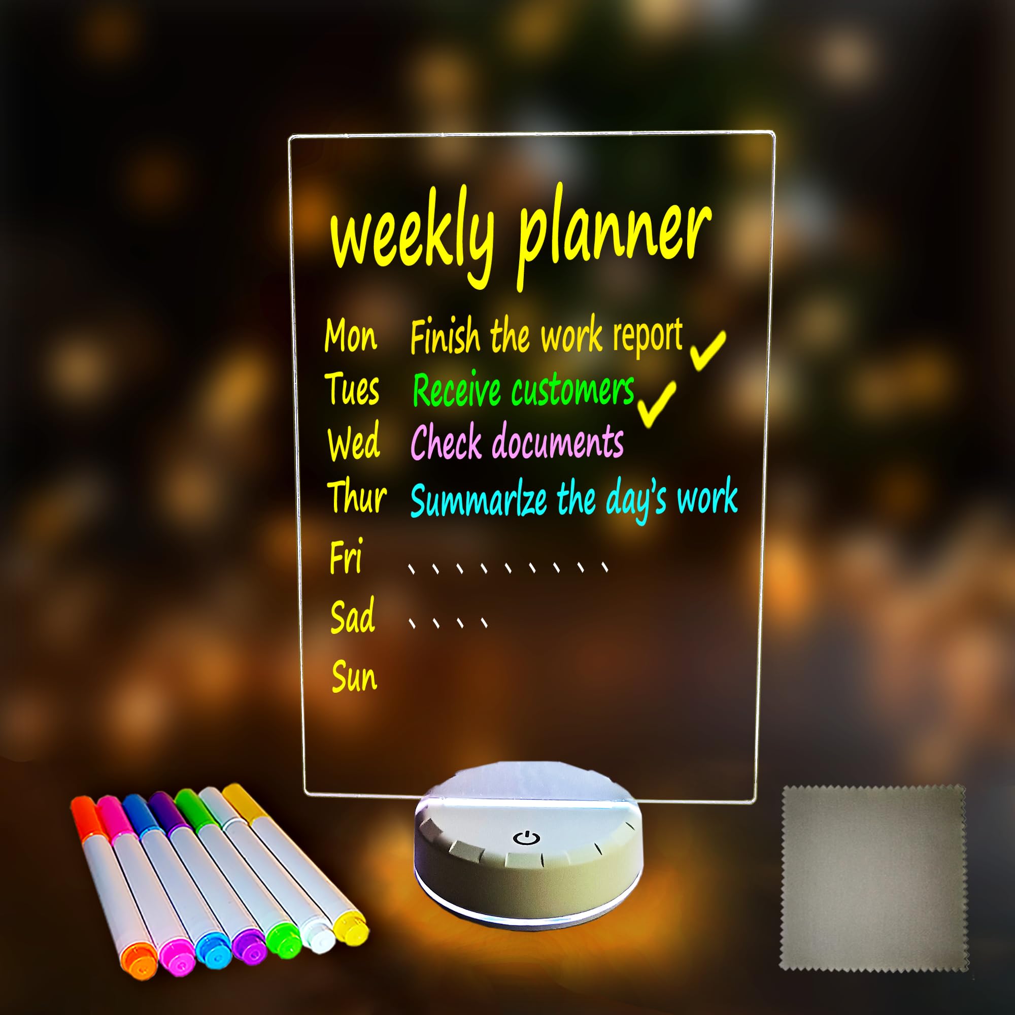 View 1 of Acrylic Dry Erase Board with Light 11.2“X7.9” Clear Light up Dry Erase Board with Stand Base Glow Memo LED Letter Rewritable Message Board White Board LED Note Board with 7 Color Markers (L)