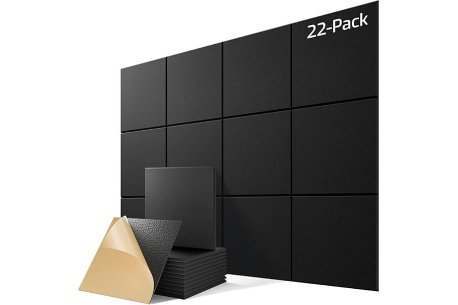 22 Pack Self-Adhesive Acoustic Panels, 12" X 12" X 0.4" High-Density Sound Proof Foam Panels for Walls, Soundproof Wall Panels for Home & Office (Black)