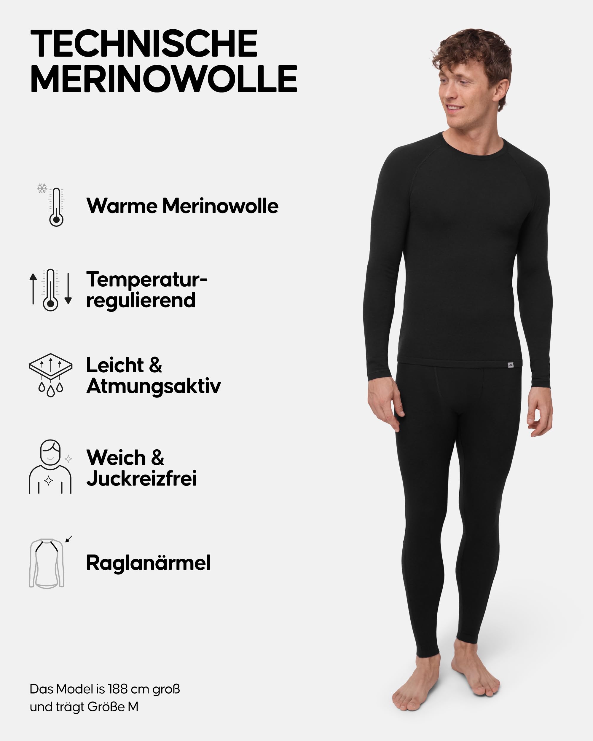 DANISH ENDURANCE Merinowolle Thermo-Unterwäsche Set, Premium Skiunterwäsche, Funktionsunterwäsche, Lange Unterhose & Langarmshirt für Herren, Schwarz, XL 2